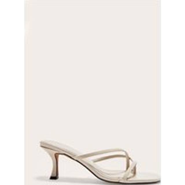 Cream Croc PU Square Toe Strappy Toe Thong Mid Stiletto Heeled Mules, White - 8