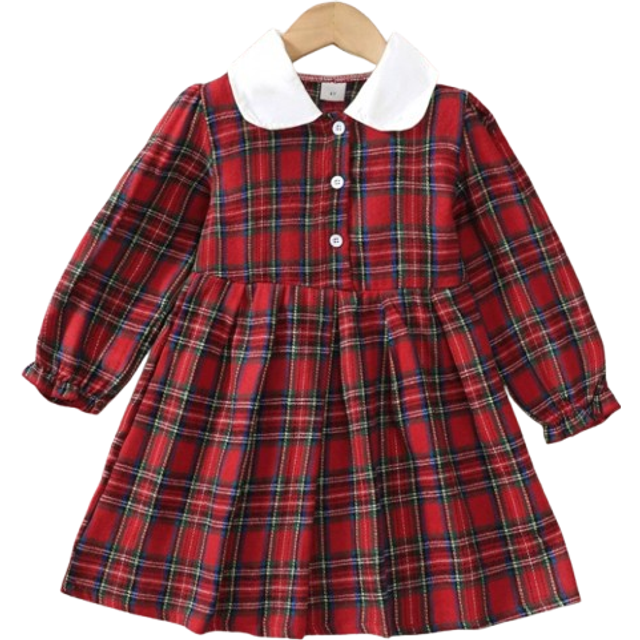 SHEIN Young Girl Long Sleeve Peter Pan Collar Contrast Buttoned Shirt Dress, Casual Plaid Dress, Winter Daily Wear