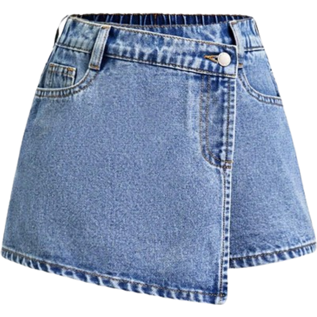 SHEIN Tween Girls Summer Boho Stonewashed Asymmetrical Hem Wrapped Denim Mini Skort,Girls Summer Shorts Outfits