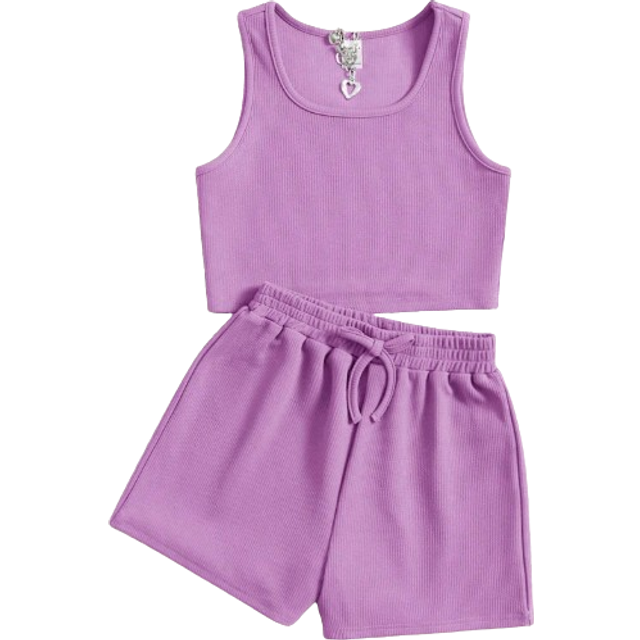 SHEIN Tween Girls&#39; Knitted Fitted Cropped Tank Top And Shorts 2-Piece Set