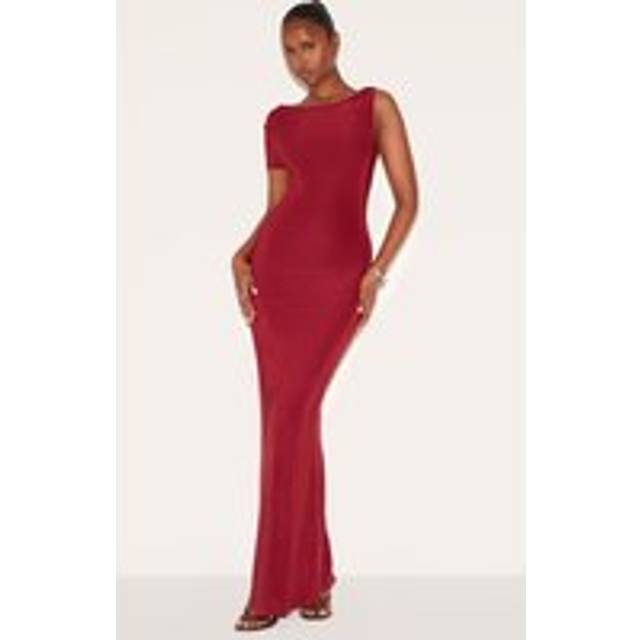 Wine Double Layer Slinky Knot Shoulder Cap Sleeve Maxi Dress, Red - 8
