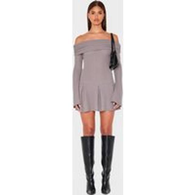 Charcoal Waffle Textured Bardot Pleated Shift Dress, Grey - 16