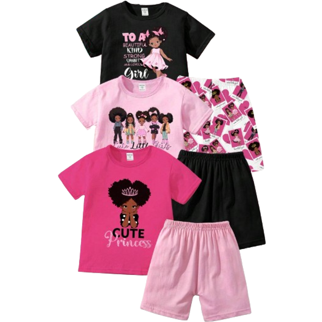 SHEIN 3pcs/Set Young Girl Fashionable & Cute Cartoon Printed Short Sleeve T-Shirt And Leggings Outfits