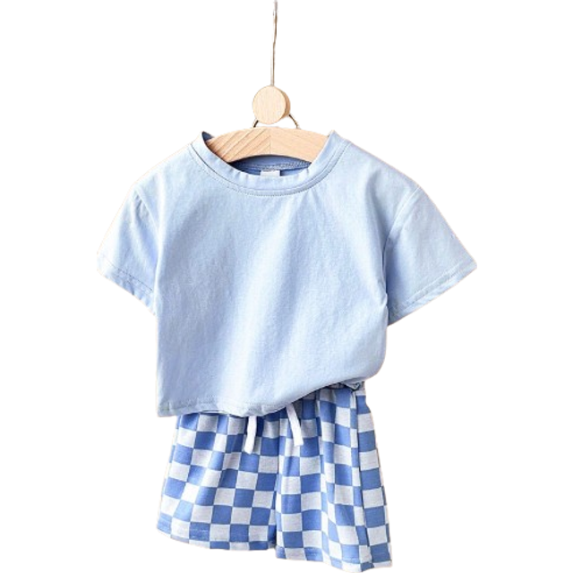 SHEIN Baby Boy 2pcs/Set Casual Solid Color Short Sleeve T-Shirt With Plaid Patterned Shorts, Summer