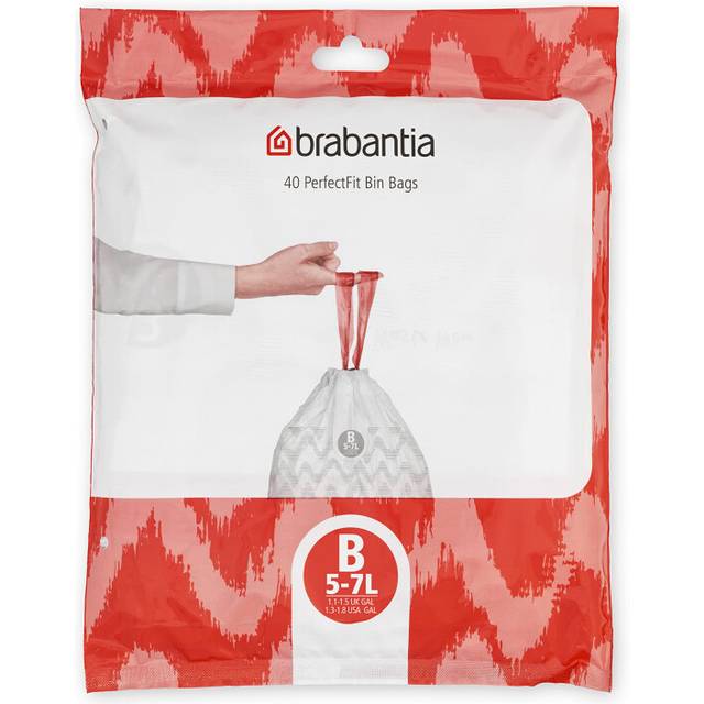 Brabantia PerfectFit Bin Liners (Size B/5 Litre) Thick Plastic Trash Bags with Tie Tape Drawstring Handles (40 Bags),White,137747