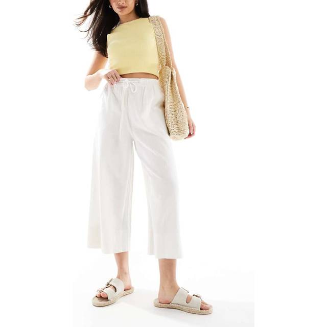 New Look Women's White Linen Blend Cropped Trousers - UK 14