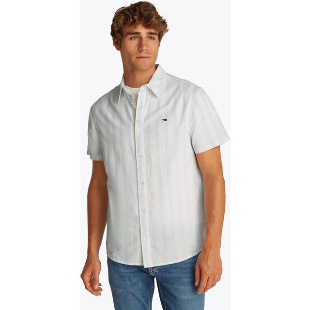 Tommy Hilfiger Stripe Cotton Linen Regular Fit Short Sleeve Shirt, Sweet Blue/Ecru