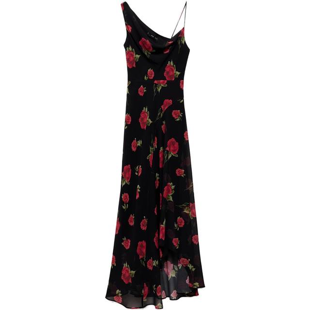 Mango Rosa Rose Print Asymmetric Dress, Black