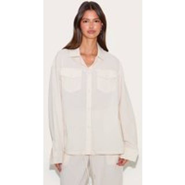 Stone Striped Linen Pocket Detail Oversized Shirt, White - 4