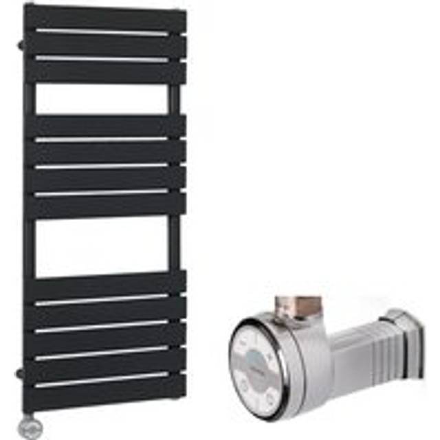 Lustro Electric - Modern Black Flat Panel Heated Towel Rail Radiator with Thermostatic Heating Element and Cable Cover - 1200mm x 450mm - Milano