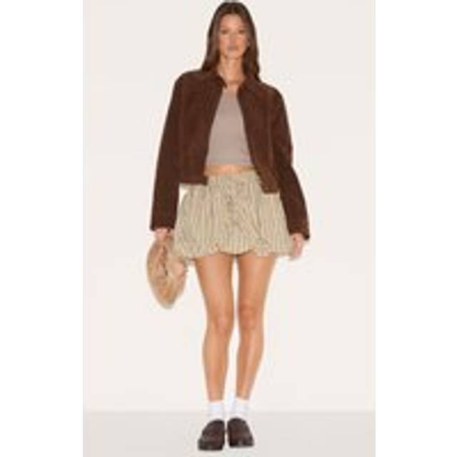 Stone Pinstripe Cotton Puffball Mini Skirt, White - 4