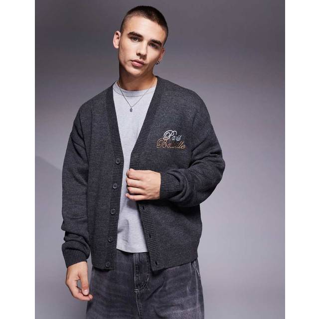 ASOS DESIGN – Grå, stickad kofta i boxig oversize-passform med broderat märke-Grå/a