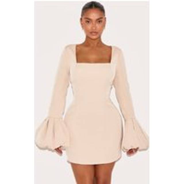 Shape Pebble Woven Square Neck Puffball Sleeve Mini Dress, Pebble - 8