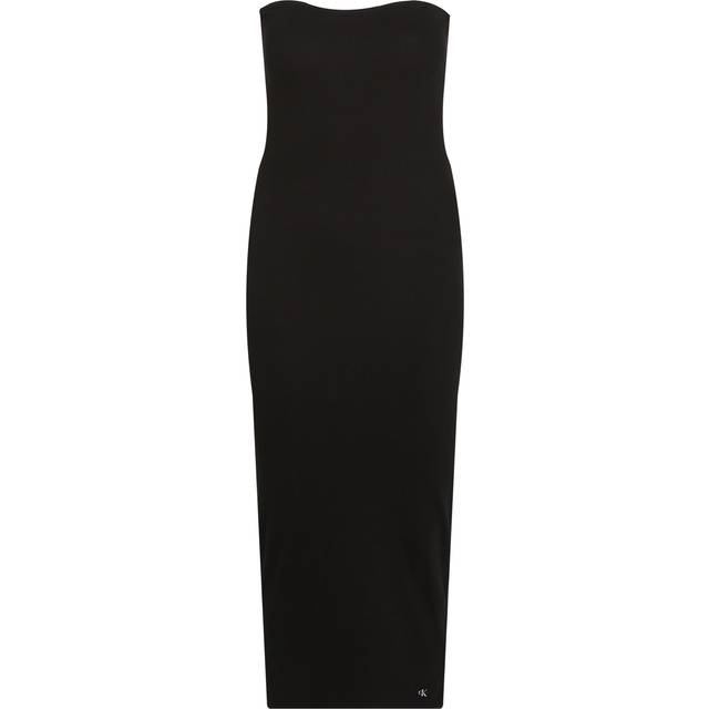 Calvin Klein Jeans Label Logo Ribbed Bandeau Dress - Black, Black, Size M = Uk 10, Women - M = UK 10