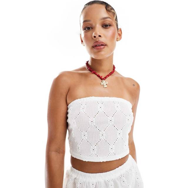 New Look Women's White Jersey Broderie Anglaise Beach Bandeau Top - L