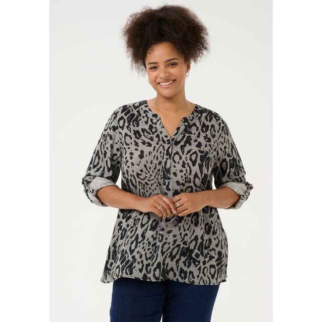 KAFFE Curve Mille Animal Print Long Sleeve Top, Grey/Black