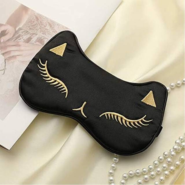 Sleep Eye Masks, Cute Cat Silk Sleep Eye Cover Lightweight Adjustable Eyeshade Mask Cover for Women Men Sleep Travel Nap (Black)