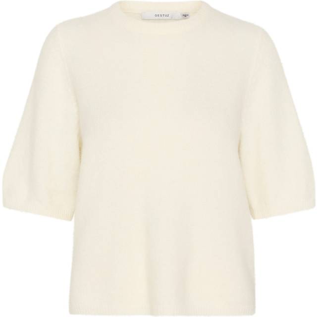 Gestuz, Stickade tröjor & koftor, Dam, S, Polyester, Mjuk Stickad T-shirt med Halva Ärmar - beige (S)