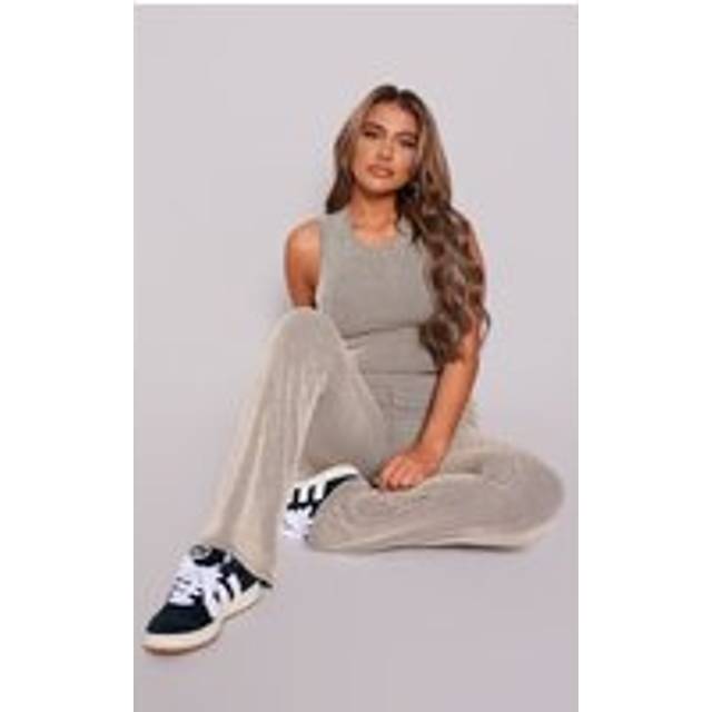 Taupe Two Tone Rib Foldover Yoga Pants, Brown - 12