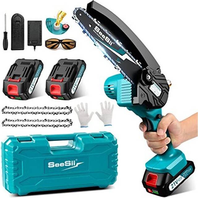 Mini Chainsaw with 2 Battery, Seesii 6-Inch Cordless Electric Pruning Chain Saw with Replacement Chain, One-Handed Portable Chainsaw for Branch Wood