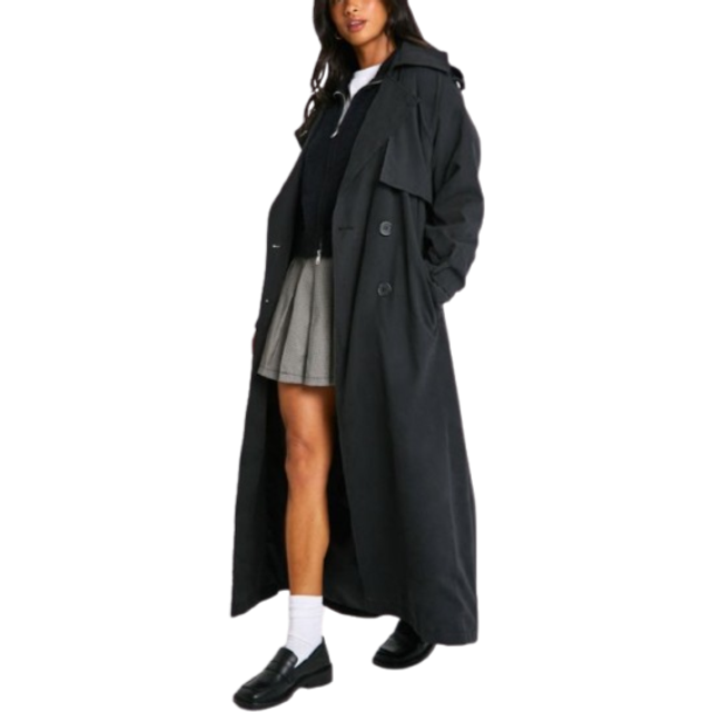Womens Petite Peached Oversized Double Breast Trench Coat - Black - 6, Black
