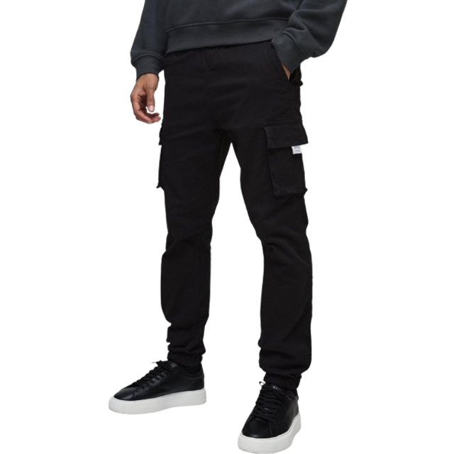 Slim Fit Elasticated Waist Woven Tab Cuffed Cargo Trousers - Black - S