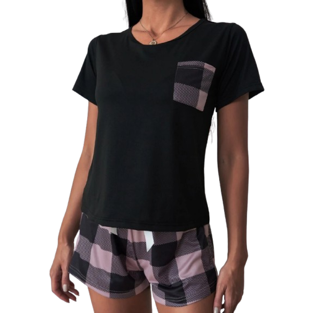 SHEIN Pocket Patched Tee & Buffalo Plaid Print Shorts PJ Set / Pajama Set