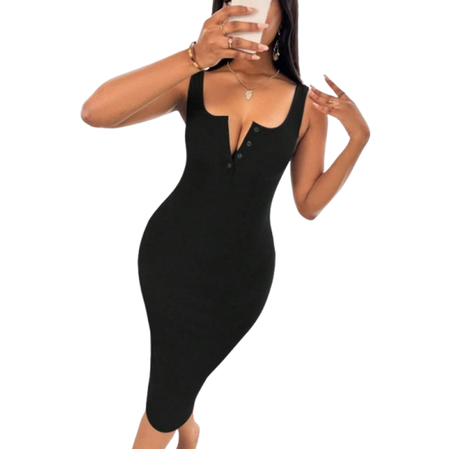 VaVaBold Ladies&#39; Solid Color Simple Daily Cami Dress Maxi Women Outfit Women Black Dress