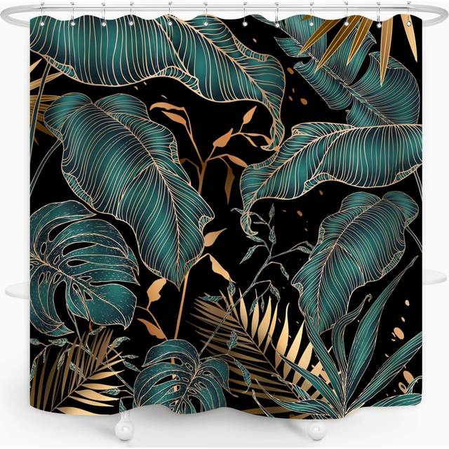 ZXMBF Green Gold Tropical Palm Leaves Shower Curtain Abstract Banana Leaf Modern Botanical Plant Nature Aesthetic Emerald green Bathroom Decor Waterpr