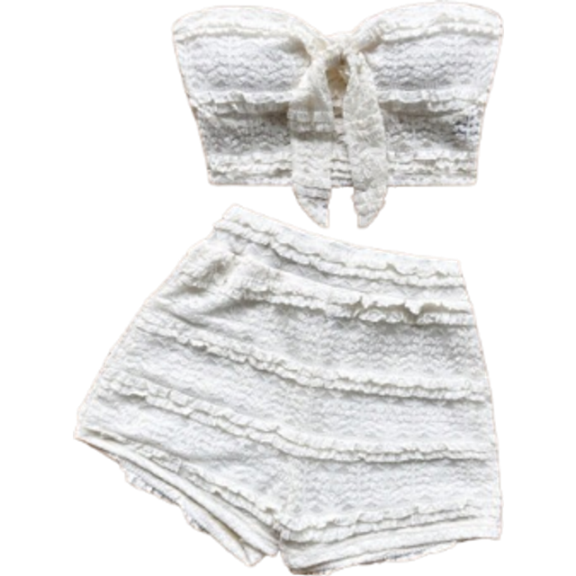 Soleia 2pcs/Set Women Vacation White Textured Ruffled Halter Front Tie Bow Crop Top & Elastic Waist Shorts,Women Set,Christmas Women Clothes,Beach Vacation O