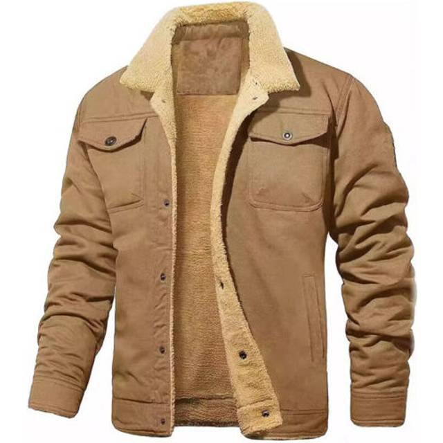 (Khaki, UK L = Tag Size 3XL) UK Mens Winter Coat Fleece Cargo Jacket 4 Pockets Lapel Collar Trucker Warm Work