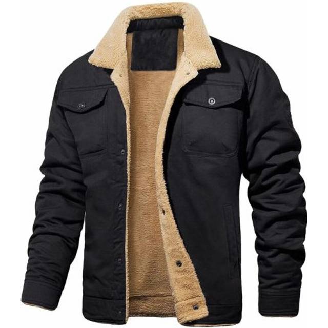(Black, UK L = Tag Size 3XL) UK Mens Winter Coat Fleece Cargo Jacket 4 Pockets Lapel Collar Trucker Warm Work