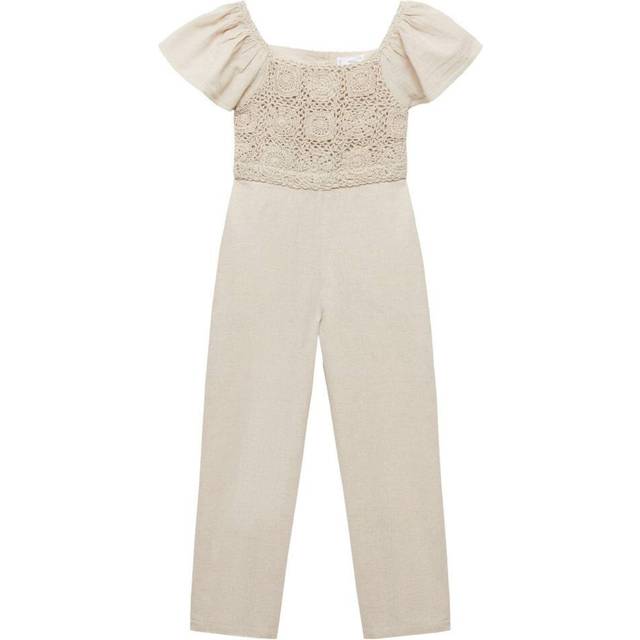 Mango Kids' Panetone Cotton Linen Crochet Jumpsuit, Lt Pastel Grey