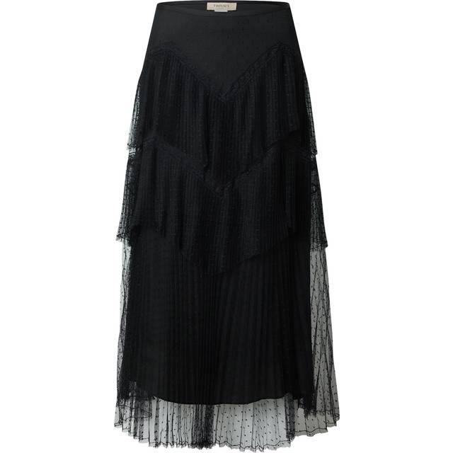 Twinset, Midi Skirts, female, Black, S, Black Tulle Skirt with Pleats and Lace