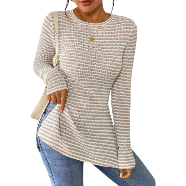 SHEIN Women Casual Striped Long Sleeve T-Shirt With Slit Hem,Tight Turtleneck, Textured Fabric ,Commute,Minimalist,Office,Old Money,Simple,Autumn/Winter,