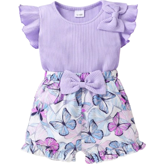 SHEIN Young Girl 2pcs Elegant, Sweet And Cute Top With Bowknot Detail And Ruffle Trim And Bow Detail Printed Shorts Suitable For Summer Casual, Vacation, An