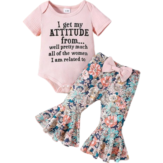 SHEIN 3pcs Infant Girls&#39; Cute Ribbed Letter Print Romper + Floral Print Flare Pants + Headband Set