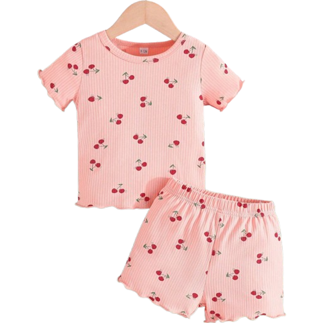 SHEIN 2pcs Baby Girls&#39; Sweet Casual Cherry Pattern Printed Short Sleeve T-Shirt And Shorts Outfit, Summer New Arrival