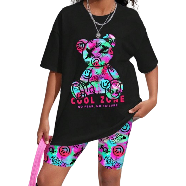 SHEIN SLAYR Tween Girl Tween Girls&#39; Casual Simple Cartoon Bear Pattern Short Sleeve T-Shirt And Shorts Set, Suitable For Summer