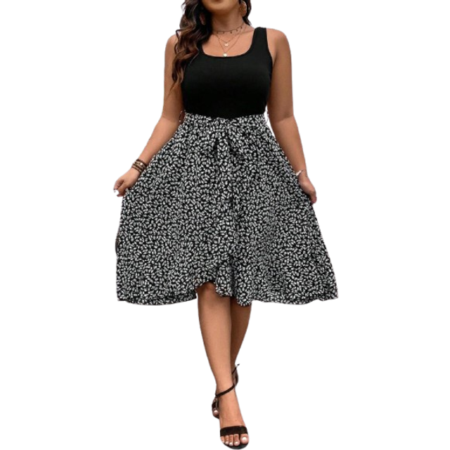 Hapsho Plus Size Women Fashionable Simple Slim Waist Printed Sleeveless Dress, Women Summer Outfit