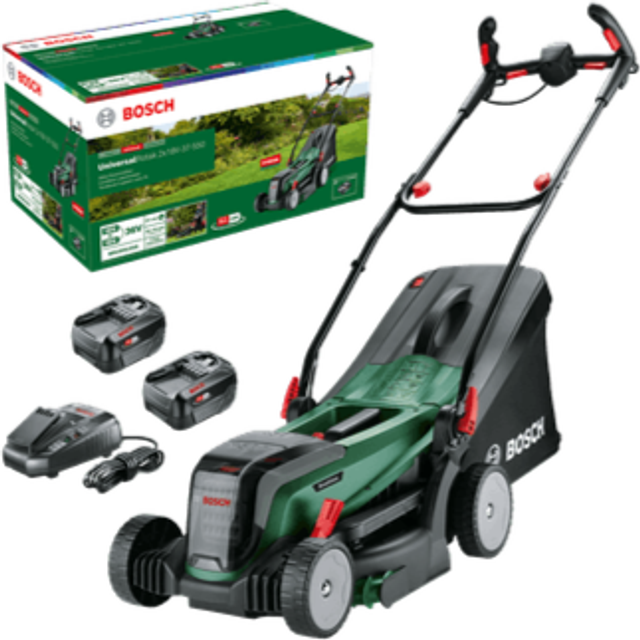 Bosch Home and GardenBosch sladdlösa gräsklippare UniversalRotak 2x18V-37-550 (upp till 500 m2 med 2 x 4.0 Ah-batterier; 18V-system; klippbredd: 37 cm; 2 x 18V 4.0 Ah-batterier och laddare)