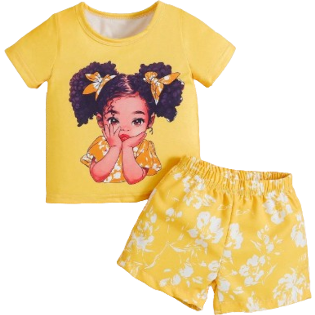 SHEIN New Arrival Baby Girls&#39; Cute Casual Cartoon Print Short Sleeve Top And Floral Shorts Set