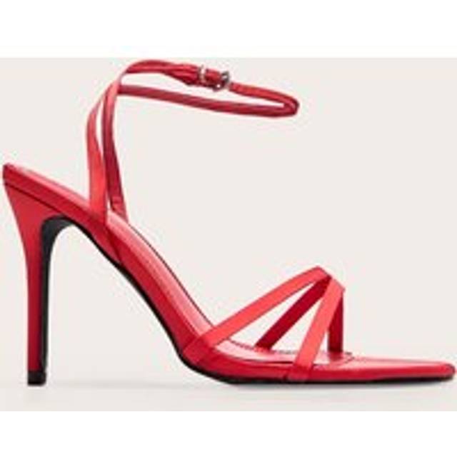 Red Satin Round Toe Cross Over Strap Barely There Heeled Sandals, Red - 6