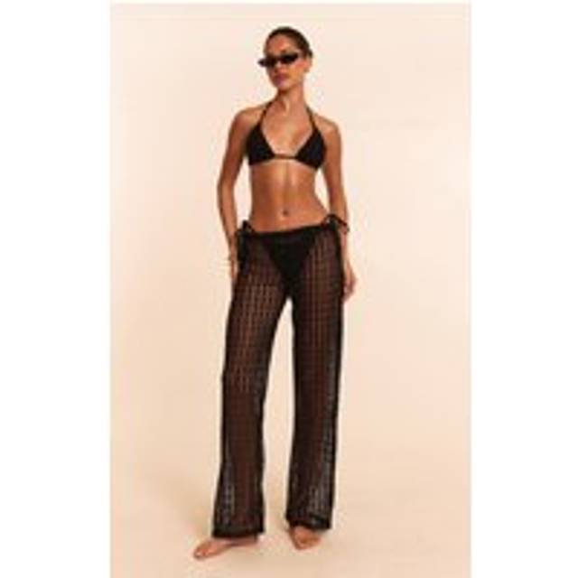 Black Crochet Wide Leg Beach Trousers, Black - XS