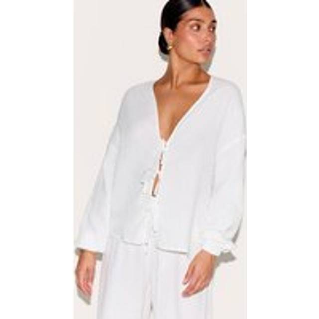 Petite White Cheesecloth Textured Tie Front Shirt, White - 10