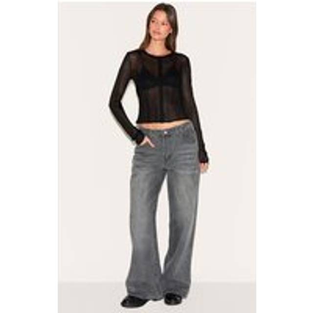 Washed Grey Button Detail Wide Leg Jeans, Washed Grey - 4