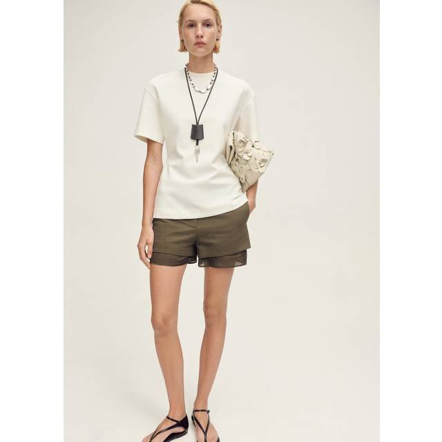 Mango – Capsule – Olivgröna, figursydda mikroshorts i linnemix med satinfoder-Grön/a