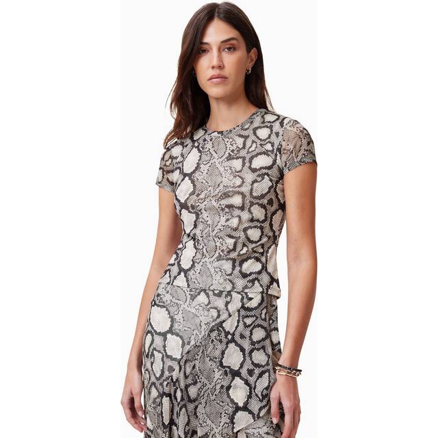AllSaints – Ellie – Gräddvit t-shirt i mesh med ormskinnsmönster-Vit/a
