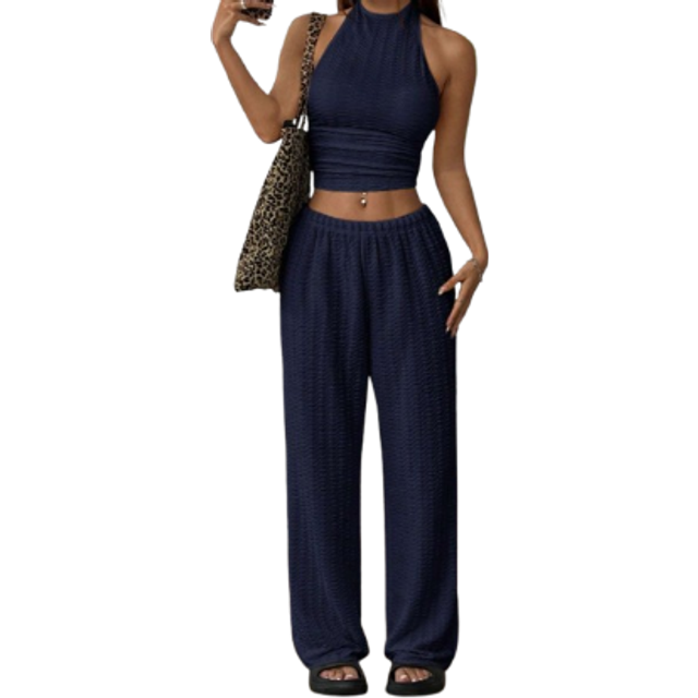 SHEIN Navy Blue Knitted 2pcs/Set Casual Women Tracksuit
