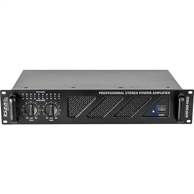 Ibiza - AMP300-MKII - Professionell PA-förstärkare 2x240W med RCA/Jack-ingångar och Speakon/Borne-utgångar - 19" rackbar - Svart